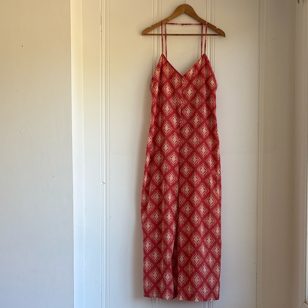 Zara Jami Jumpsuit 100% Cotton Terracotta and Cream Open Back Wide Leg - Picture 5 of 15